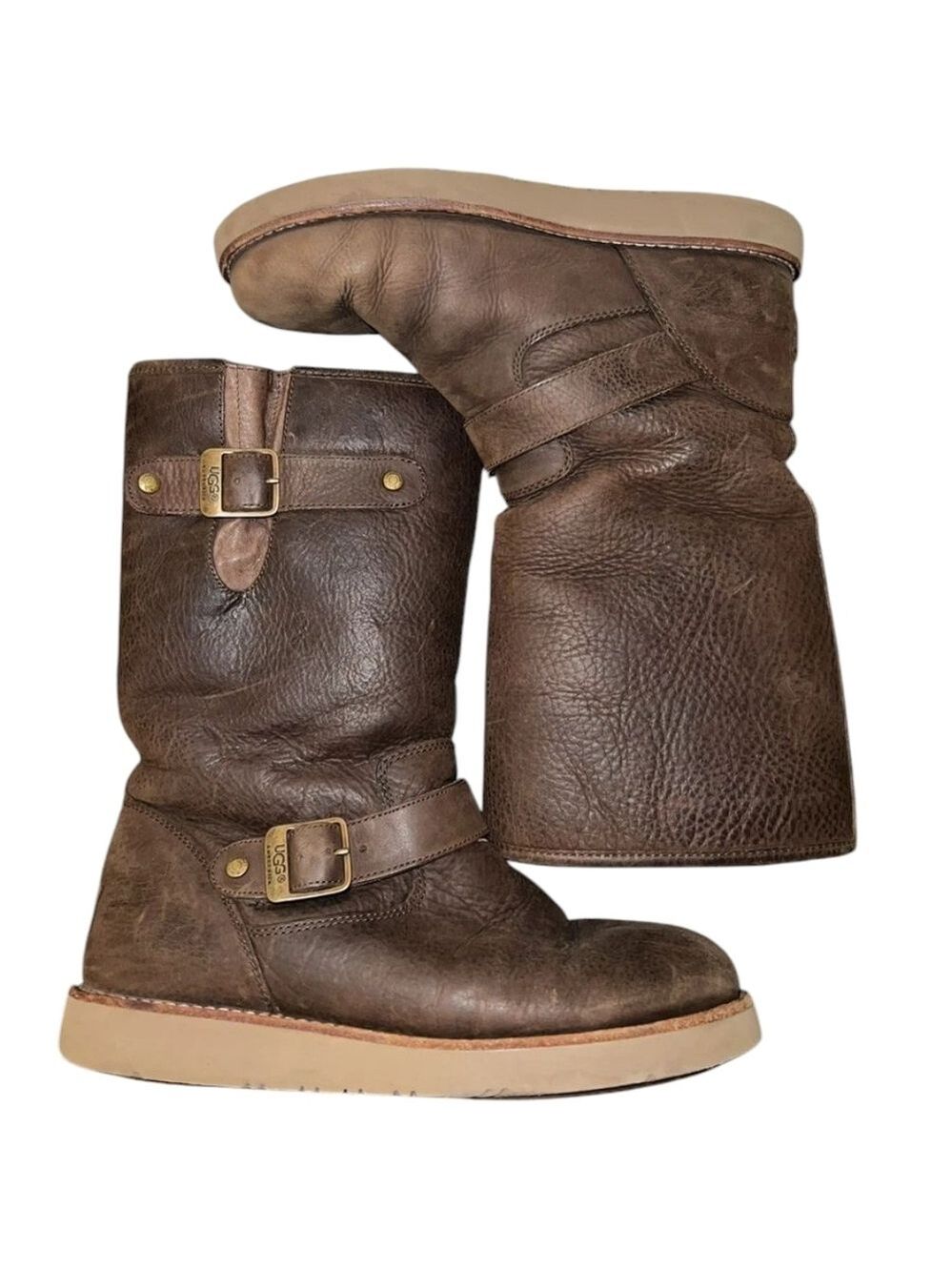 UGG Kensington Brown Leather Shearling Lined Buckle Moto Boots